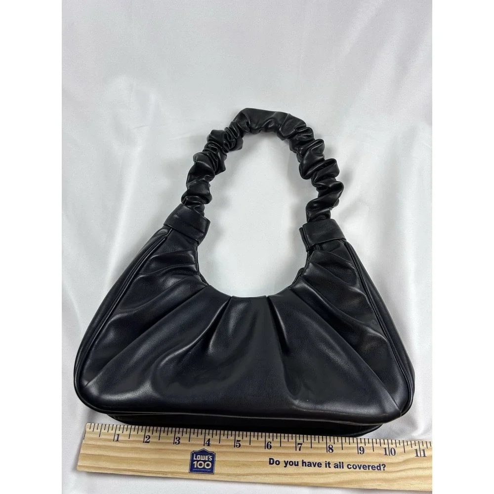 Black Ruched Hobo Shoulder Bag Slouchy Crescent Faux‎ Leather Y2K Baguette Purse